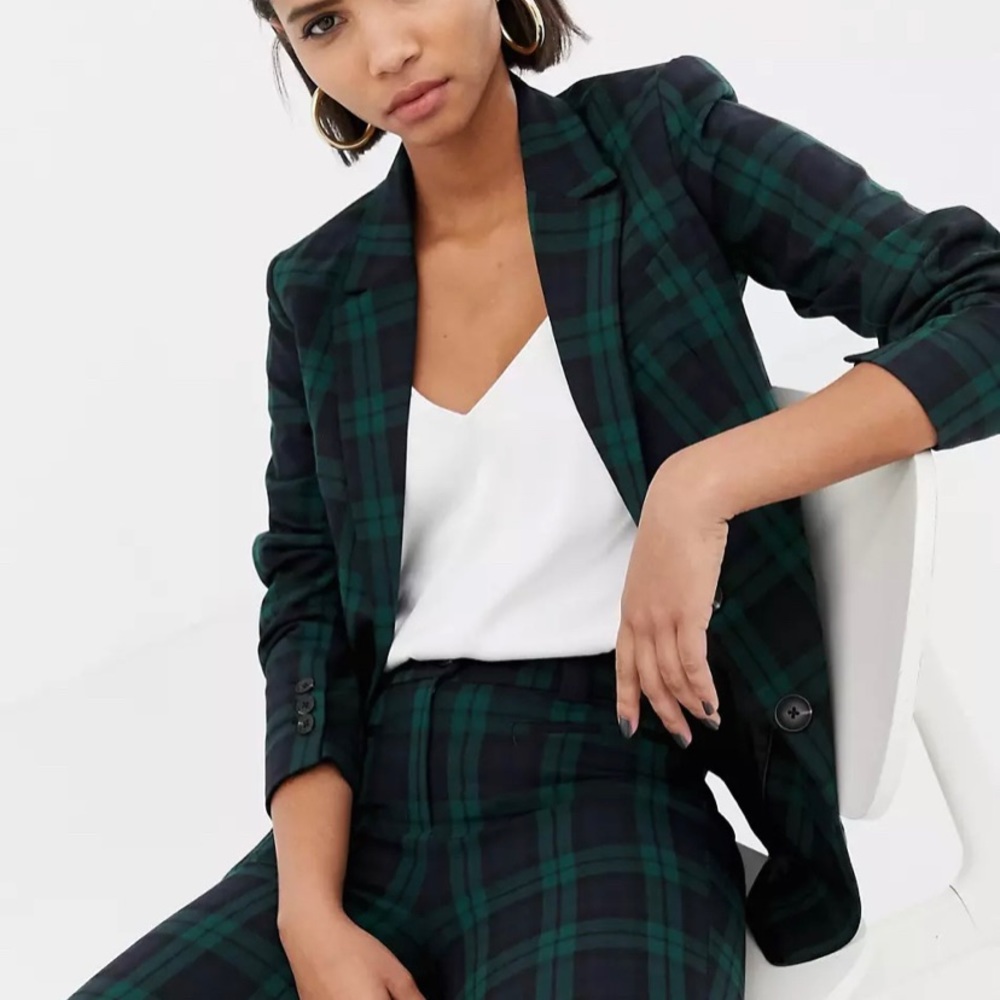 Mango blue and green plaid blazer in navy / black watch plaid